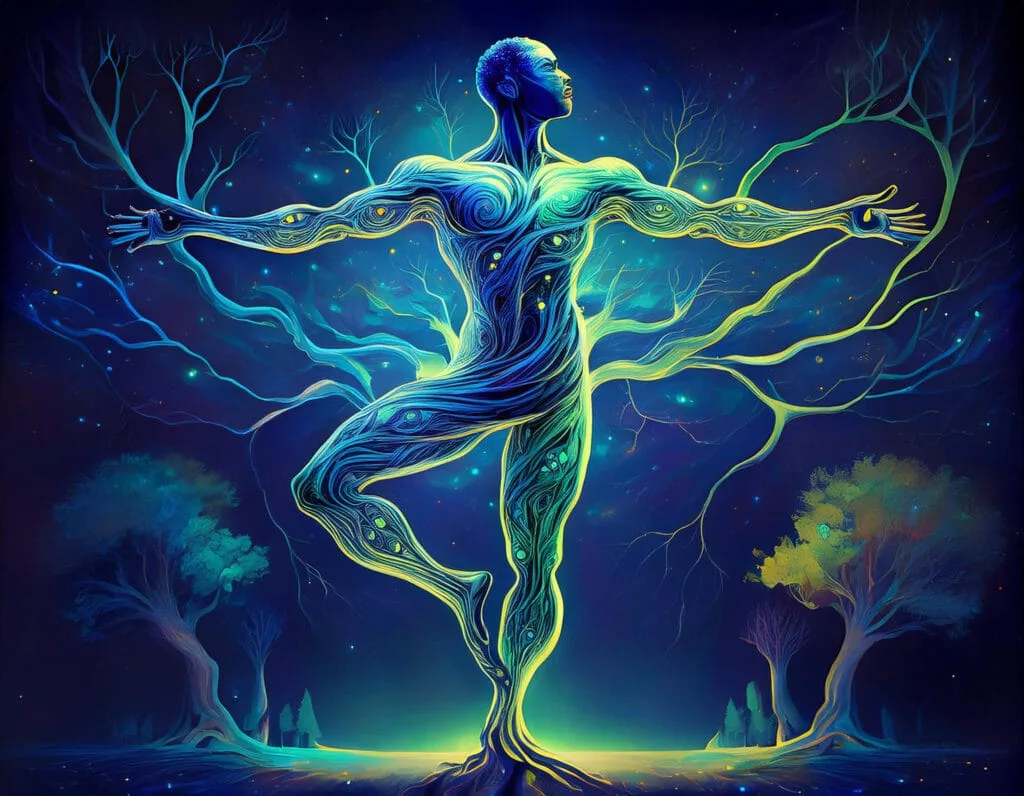 Illustration of a glowing fascia network within the human body, resembling tree roots